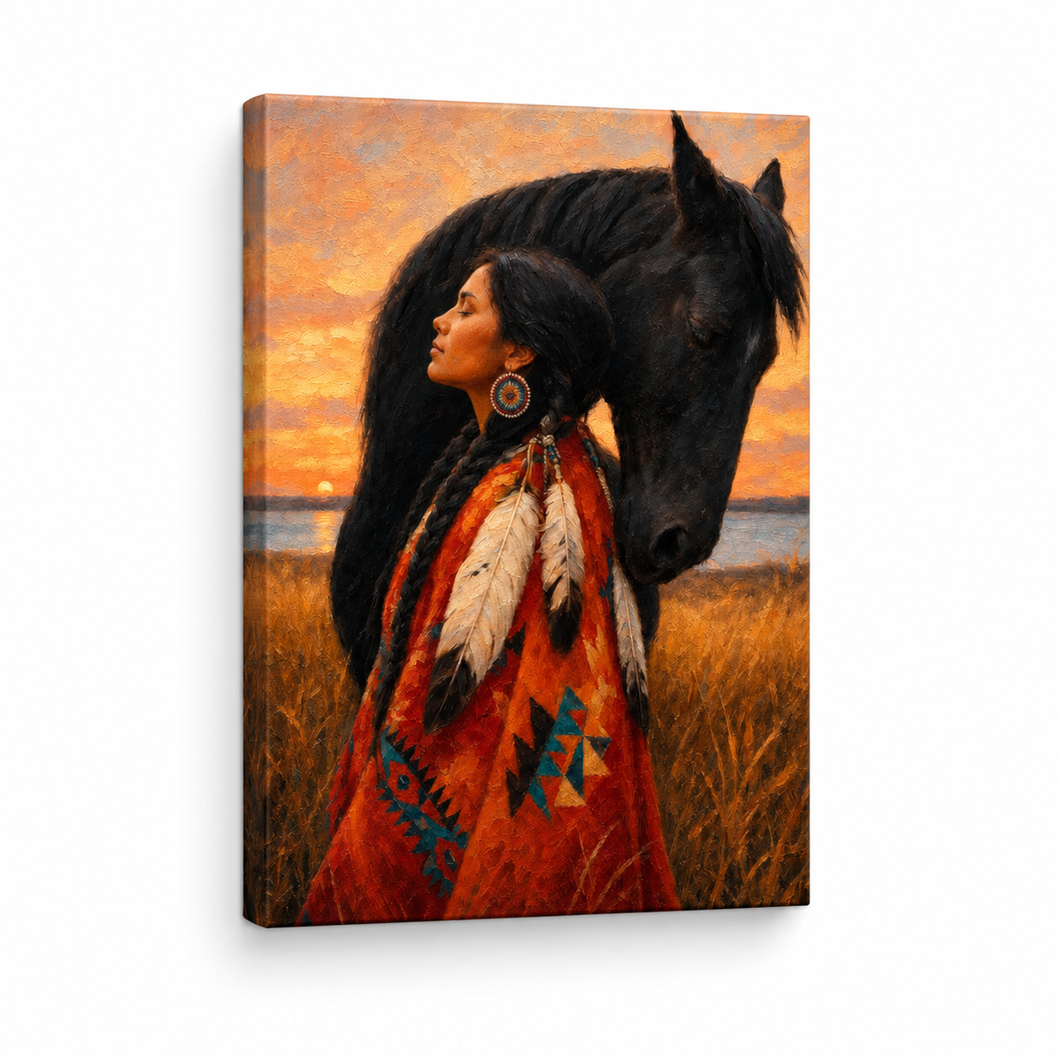 Indigenous Woman and Black Horse Floater Frame Canvas Wall Art | frameless stretched canvas SKU