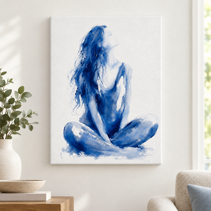 Blue Ink Seated Woman Abstract Floater Frame Canvas Wall Art | frameless close wall hero