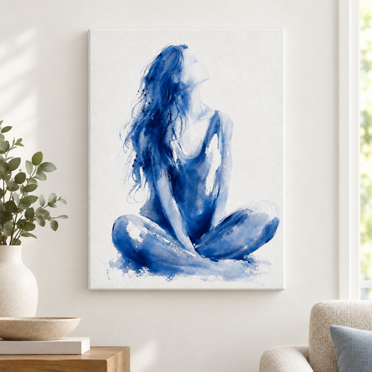 Blue Ink Seated Woman Abstract Floater Frame Canvas Wall Art | frameless close wall hero