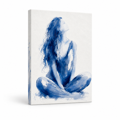 Blue Ink Seated Woman Abstract Floater Frame Canvas Wall Art | frameless stretched canvas SKU