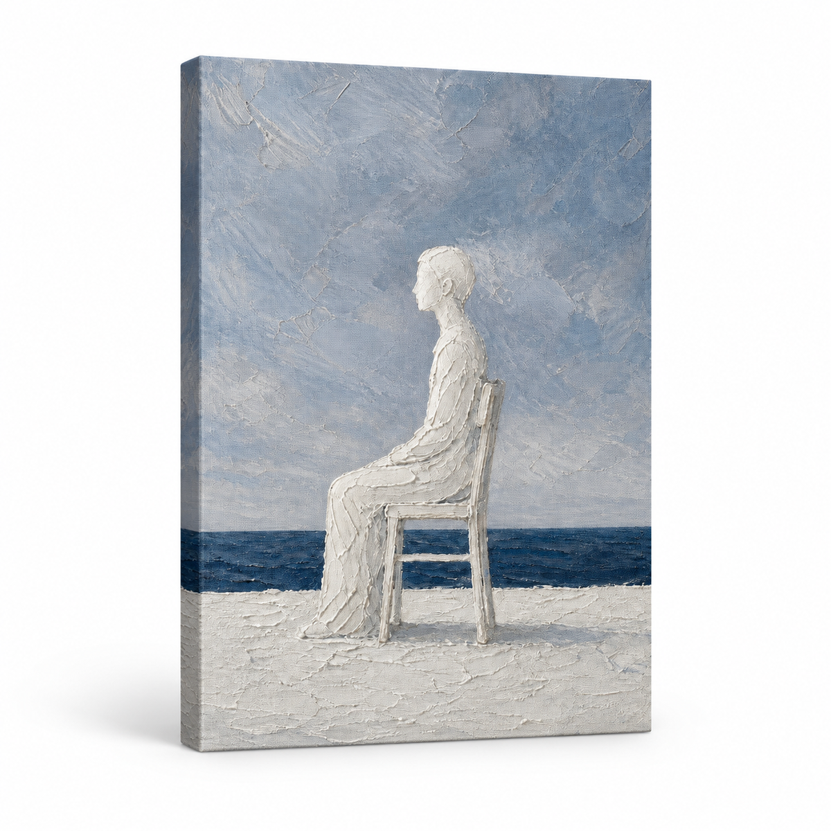 White Impasto Figure by the Sea Floater Frame Canvas Wall Art | frameless stretched canvas SKU