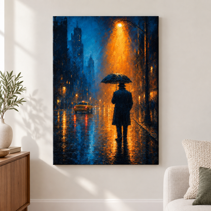 Rainy Night Umbrella Walker Floater Frame Canvas Wall Art | frameless close wall hero