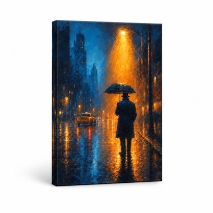 Rainy Night Umbrella Walker Floater Frame Canvas Wall Art | frameless stretched canvas SKU