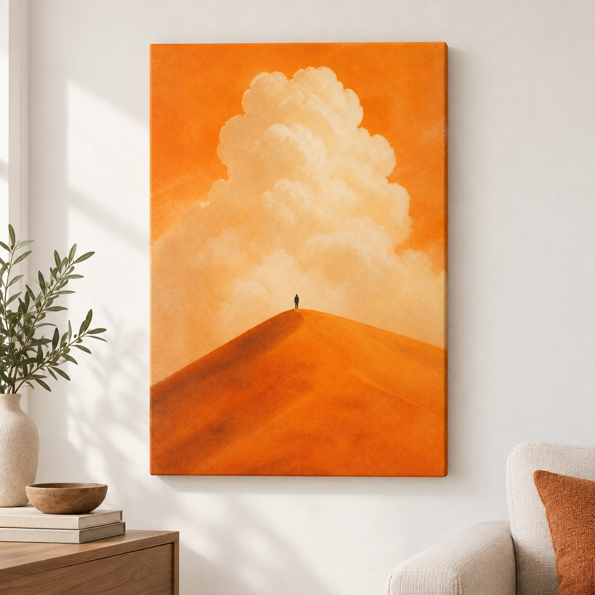 Orange Dune Solitary Figure Floater Frame Canvas Wall Art | frameless close wall hero