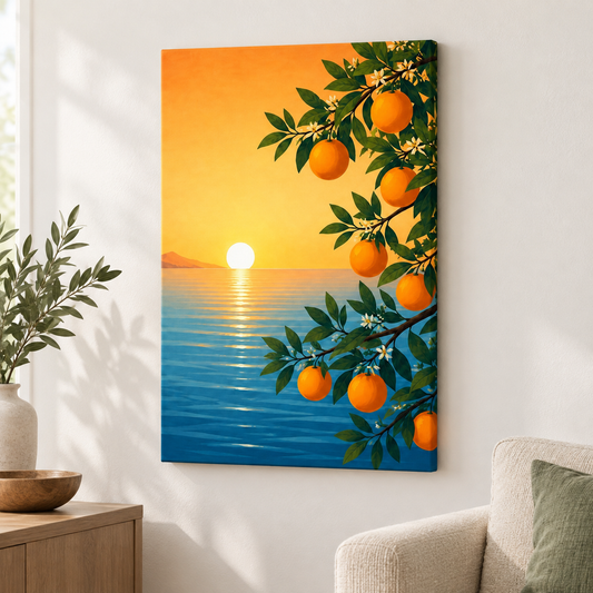 Citrus Branch Sunset Sea Floater Frame Canvas Wall Art | frameless close wall hero