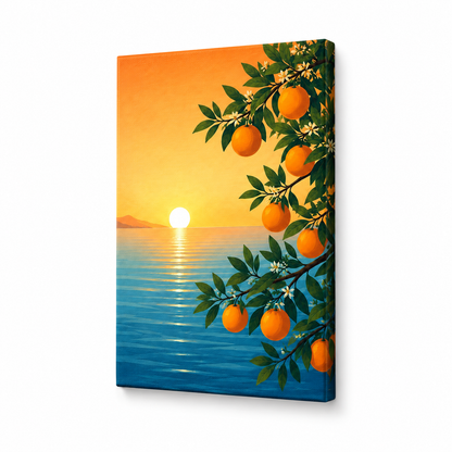 Citrus Branch Sunset Sea Floater Frame Canvas Wall Art | frameless stretched canvas SKU