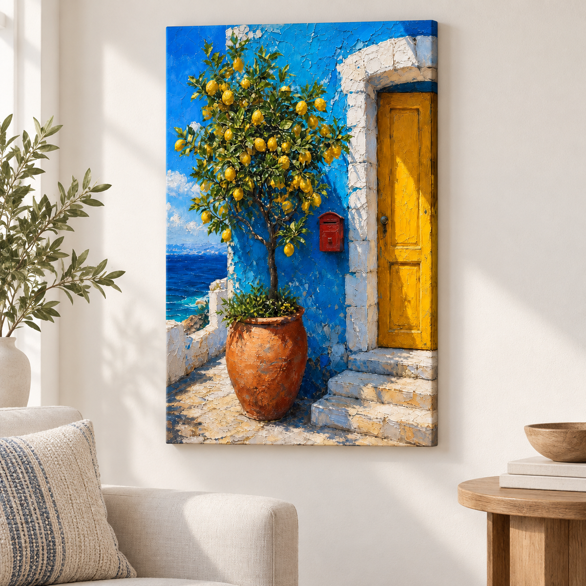 Mediterranean Blue House Lemon Tree Floater Frame Canvas Wall Art | frameless close wall hero