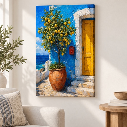 Mediterranean Blue House Lemon Tree Floater Frame Canvas Wall Art | frameless close wall hero
