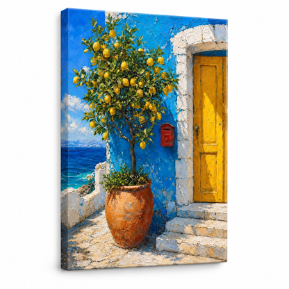 Mediterranean Blue House Lemon Tree Floater Frame Canvas Wall Art | frameless stretched canvas SKU