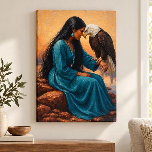 Indigenous Woman and Bald Eagle Floater Frame Canvas Wall Art | frameless close wall hero