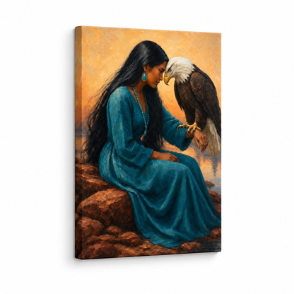 Indigenous Woman and Bald Eagle Floater Frame Canvas Wall Art | frameless stretched canvas SKU