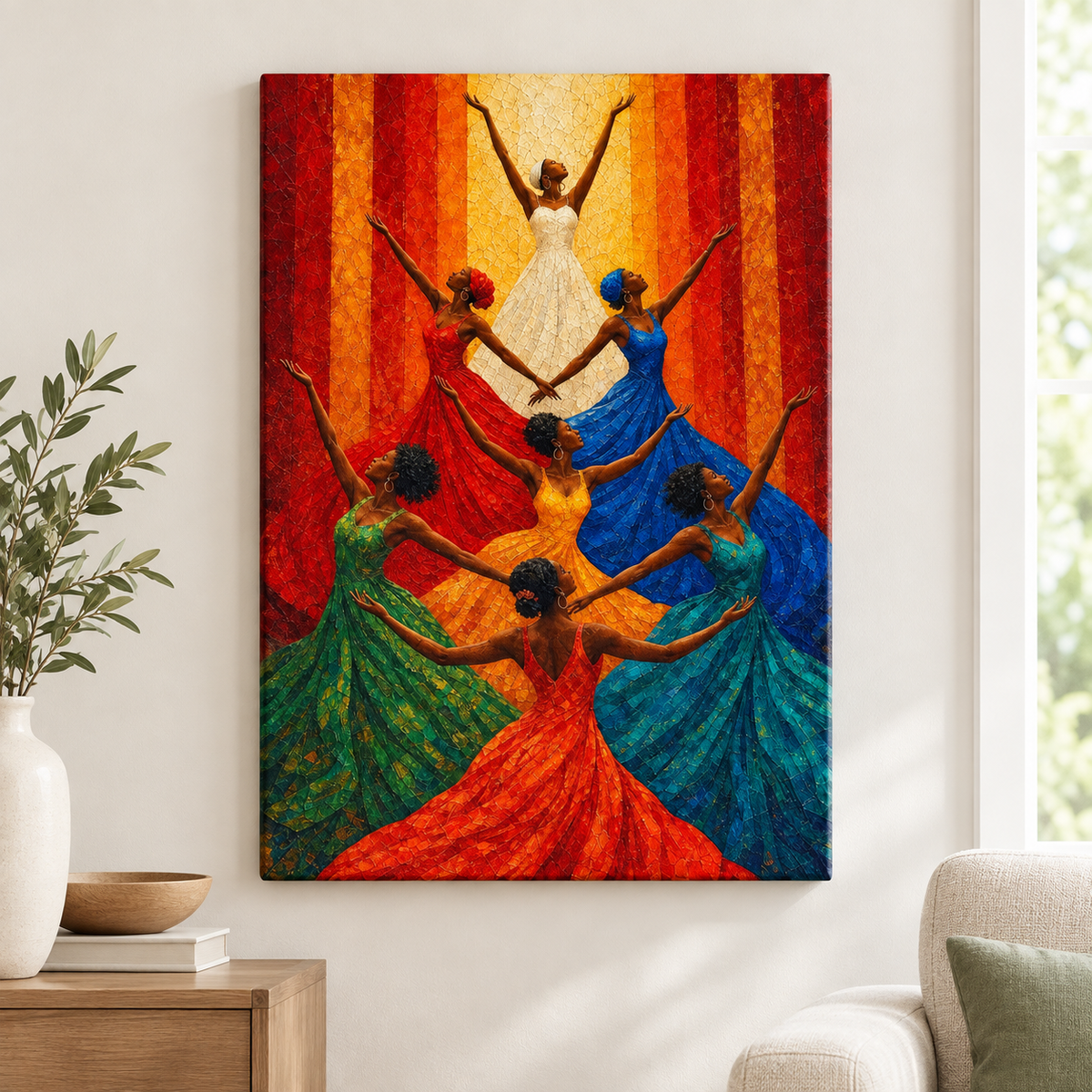 Colorful Women Celebration Dance Floater Frame Canvas Wall Art | frameless close wall hero