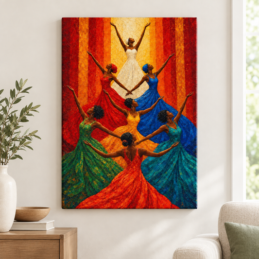 Colorful Women Celebration Dance Floater Frame Canvas Wall Art | frameless close wall hero