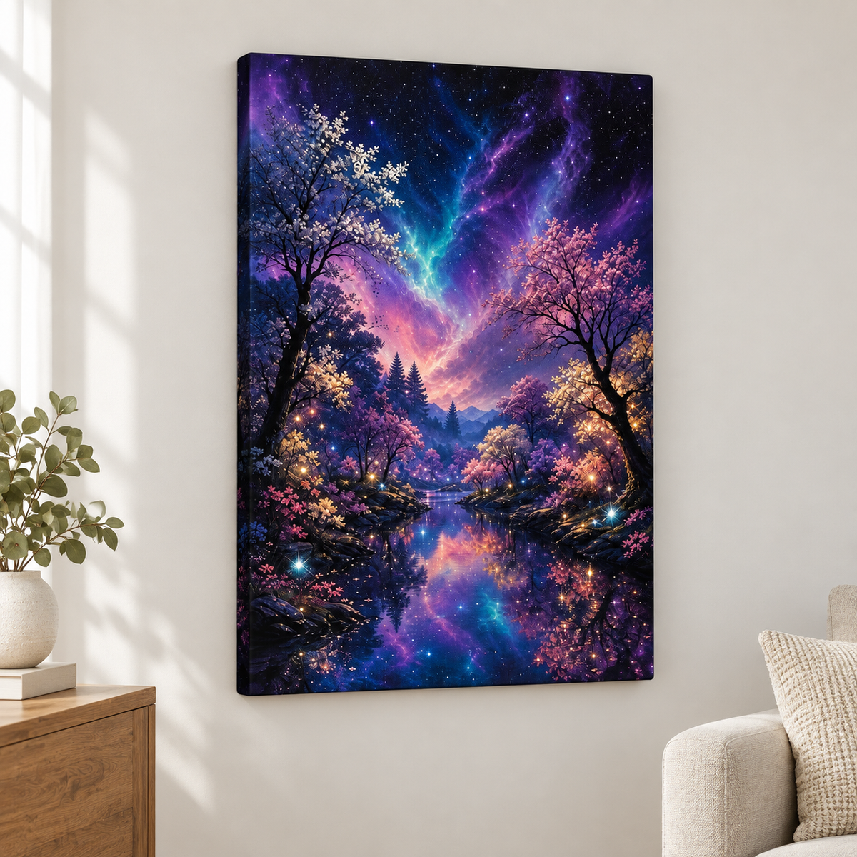 Enchanted Night Forest River Floater Frame Canvas Wall Art | frameless close wall hero