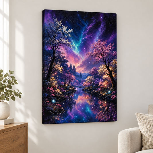 Enchanted Night Forest River Floater Frame Canvas Wall Art | frameless close wall hero