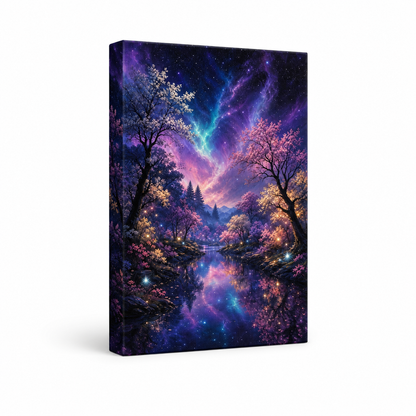 Enchanted Night Forest River Floater Frame Canvas Wall Art | frameless stretched canvas SKU