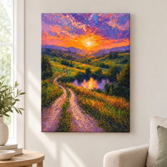 Sunset Hills Winding Road Impasto Floater Frame Canvas Wall Art | frameless close wall hero