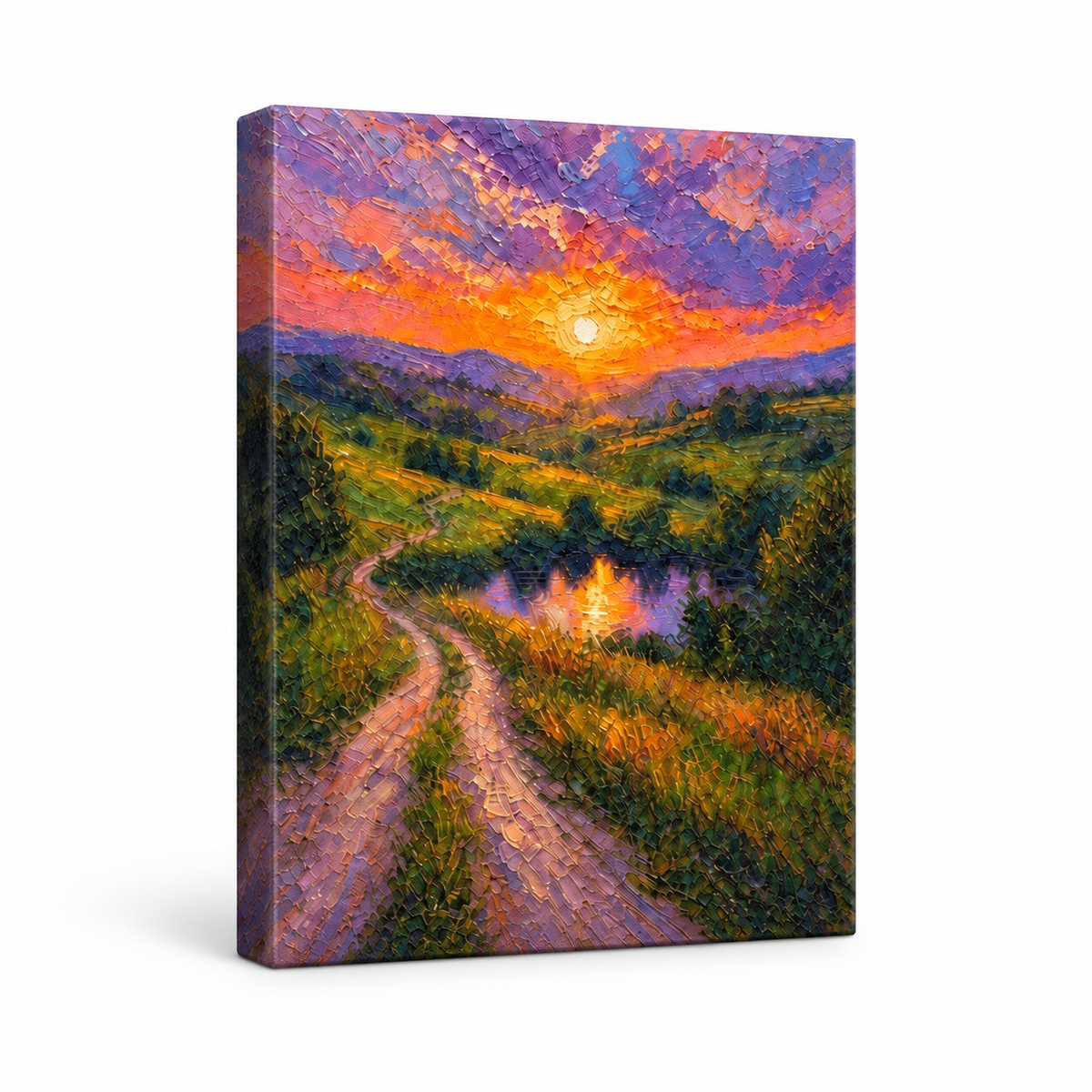 Sunset Hills Winding Road Impasto Floater Frame Canvas Wall Art | frameless stretched canvas SKU