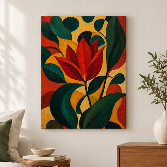 Red Tulip Mid Century Botanical Floater Frame Canvas Wall Art | frameless close wall hero