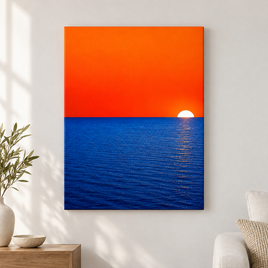 Orange Sky Blue Sea Minimalist Floater Frame Canvas Wall Art | frameless close wall hero