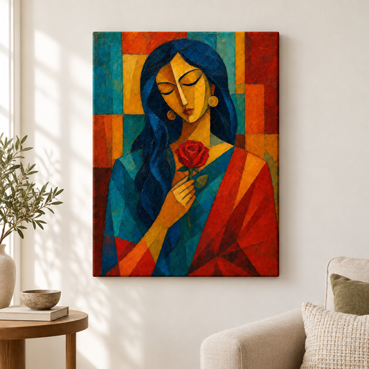 Cubist Woman Holding Red Rose Floater Frame Canvas Wall Art | frameless close wall hero