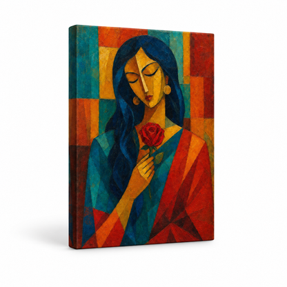 Cubist Woman Holding Red Rose Floater Frame Canvas Wall Art | frameless stretched canvas SKU