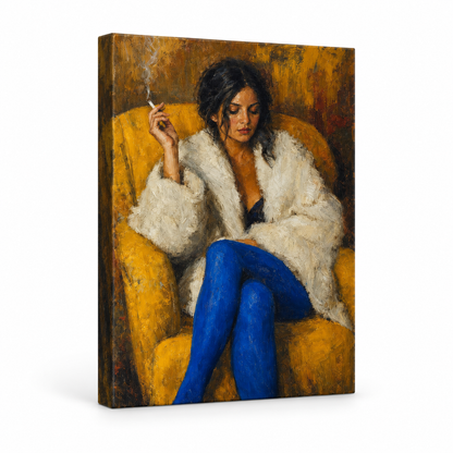 Woman in Yellow Chair Expressionist Floater Frame Canvas Wall Art | frameless stretched canvas SKU