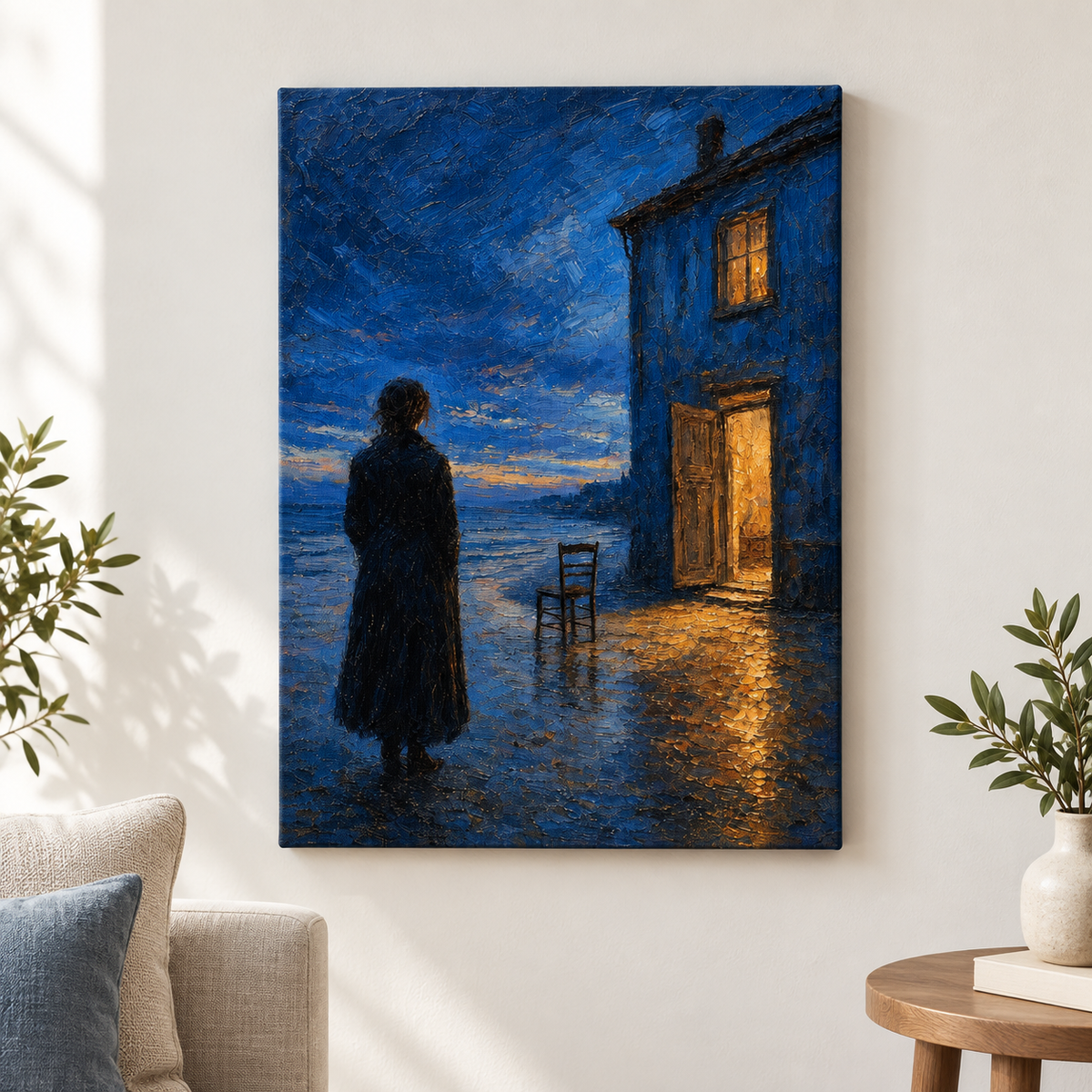 Twilight Blue House by the Sea Floater Frame Canvas Wall Art | frameless close wall hero