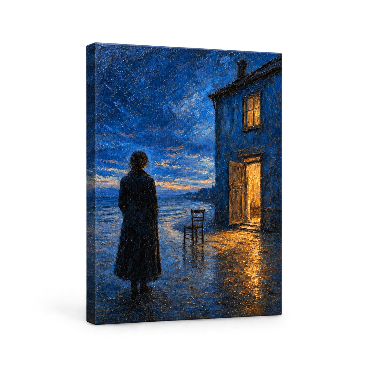 Twilight Blue House by the Sea Floater Frame Canvas Wall Art | frameless stretched canvas SKU