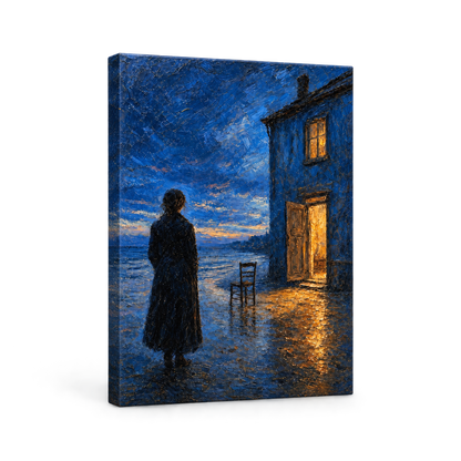 Twilight Blue House by the Sea Floater Frame Canvas Wall Art | frameless stretched canvas SKU