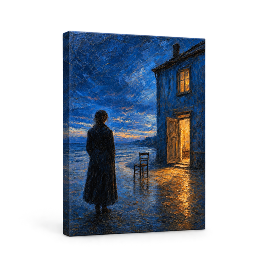 Twilight Blue House by the Sea Floater Frame Canvas Wall Art | frameless stretched canvas SKU