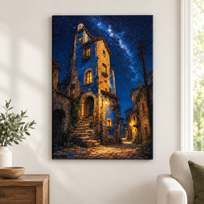 Starry Village Stone House Floater Frame Canvas Wall Art | frameless close wall hero