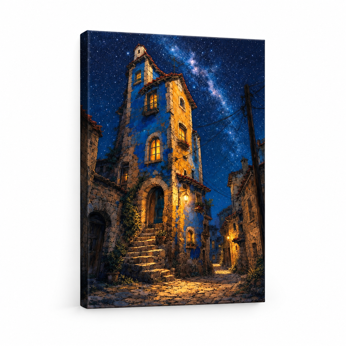Starry Village Stone House Floater Frame Canvas Wall Art | frameless stretched canvas SKU