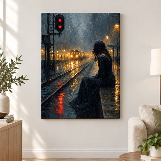 Rainy Railway Station Woman Floater Frame Canvas Wall Art | frameless close wall hero