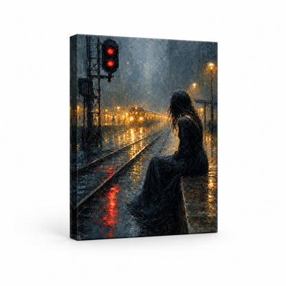 Rainy Railway Station Woman Floater Frame Canvas Wall Art | frameless stretched canvas SKU