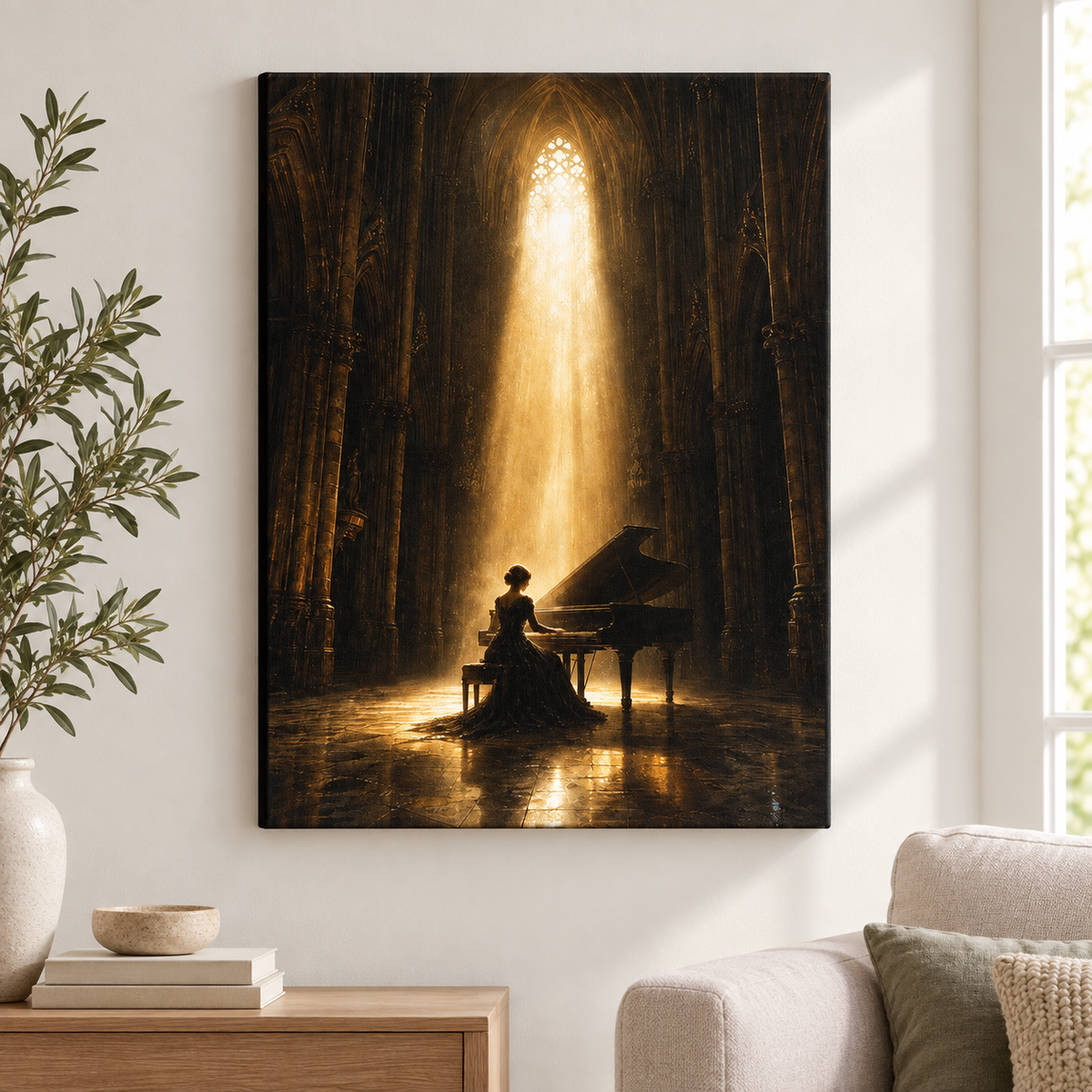 Cathedral Pianist Golden Light Floater Frame Canvas Wall Art | frameless close wall hero