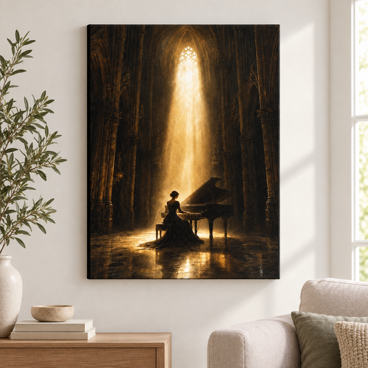 Cathedral Pianist Golden Light Floater Frame Canvas Wall Art | frameless close wall hero