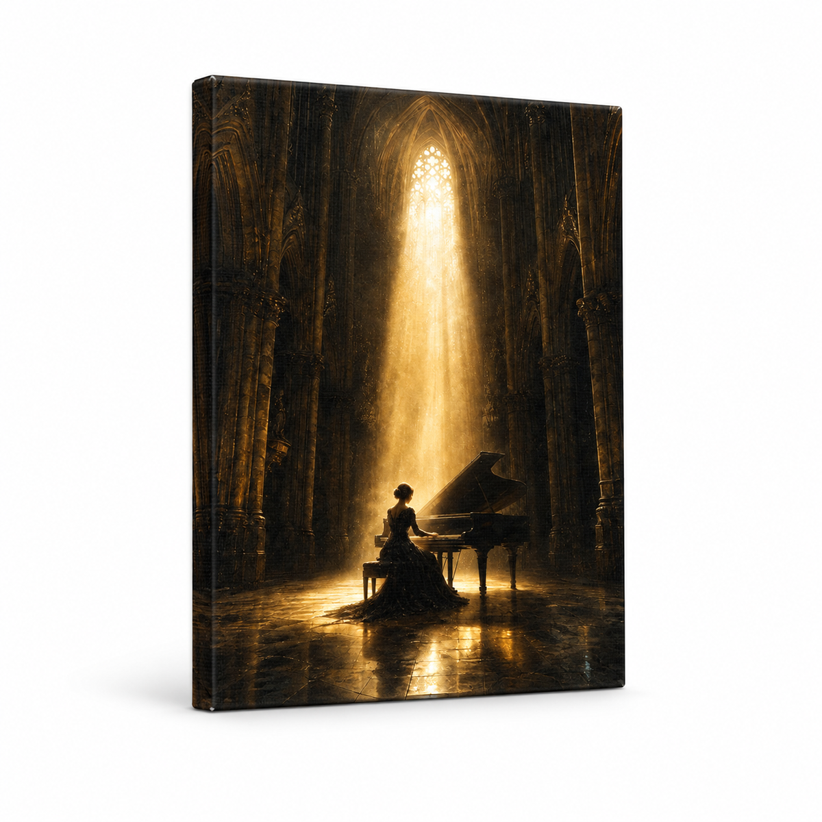 Cathedral Pianist Golden Light Floater Frame Canvas Wall Art | frameless stretched canvas SKU