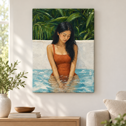 Contemplative Woman in Tropical Pool Floater Frame Canvas Wall Art | frameless close wall hero