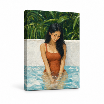 Contemplative Woman in Tropical Pool Floater Frame Canvas Wall Art | frameless stretched canvas SKU