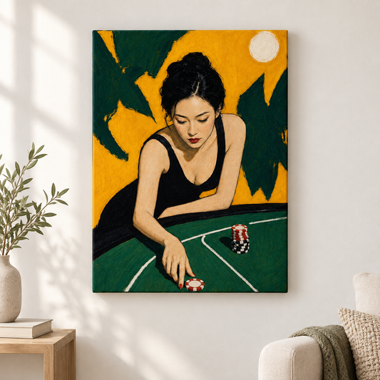 Woman at Green Gaming Table Floater Frame Canvas Wall Art | frameless close wall hero
