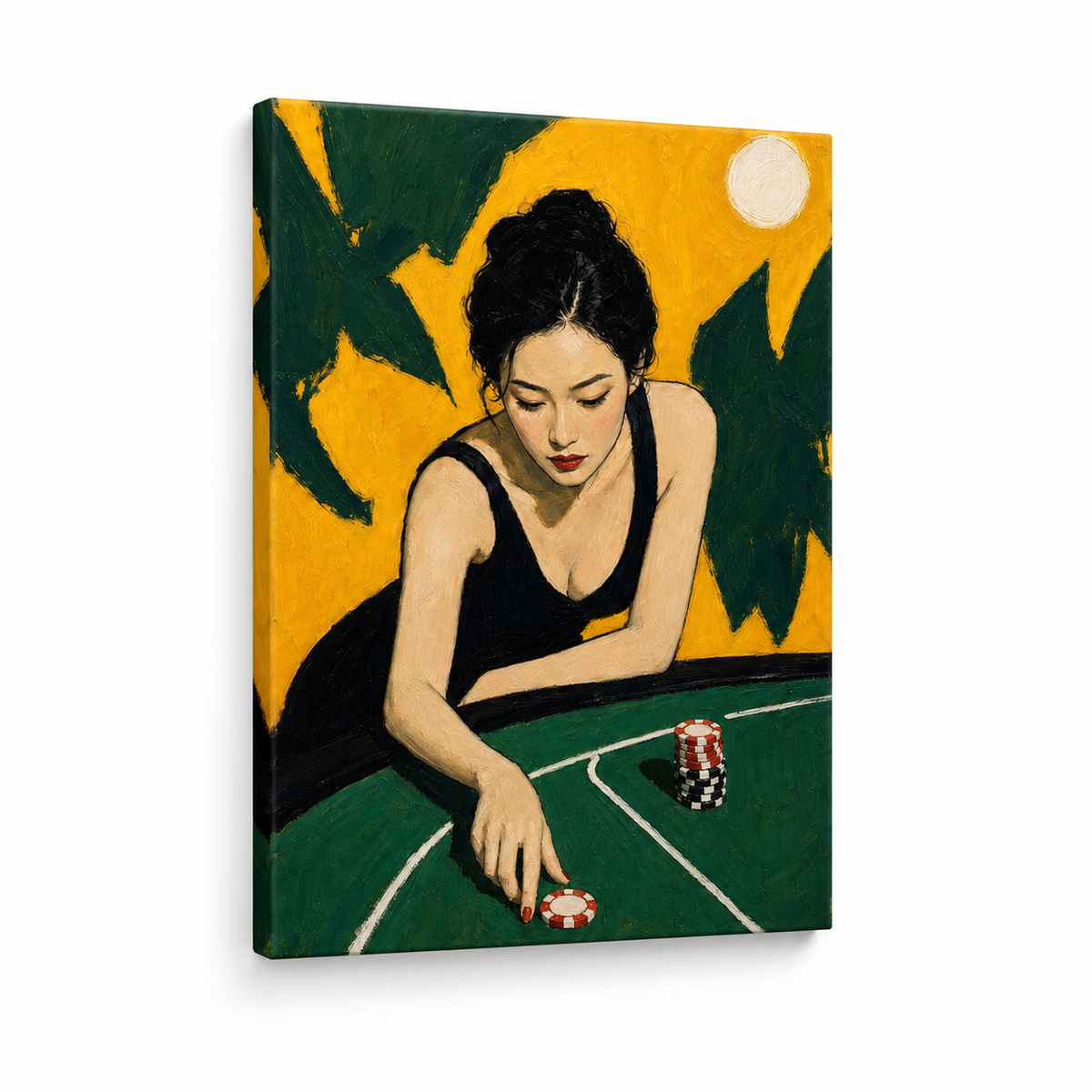 Woman at Green Gaming Table Floater Frame Canvas Wall Art | frameless stretched canvas SKU