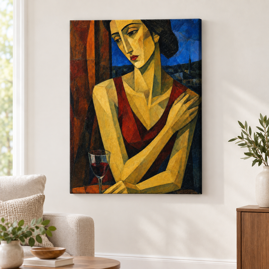 Cubist Woman with Wine Glass Floater Frame Canvas Wall Art | frameless close wall hero