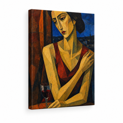 Cubist Woman with Wine Glass Floater Frame Canvas Wall Art | frameless stretched canvas SKU