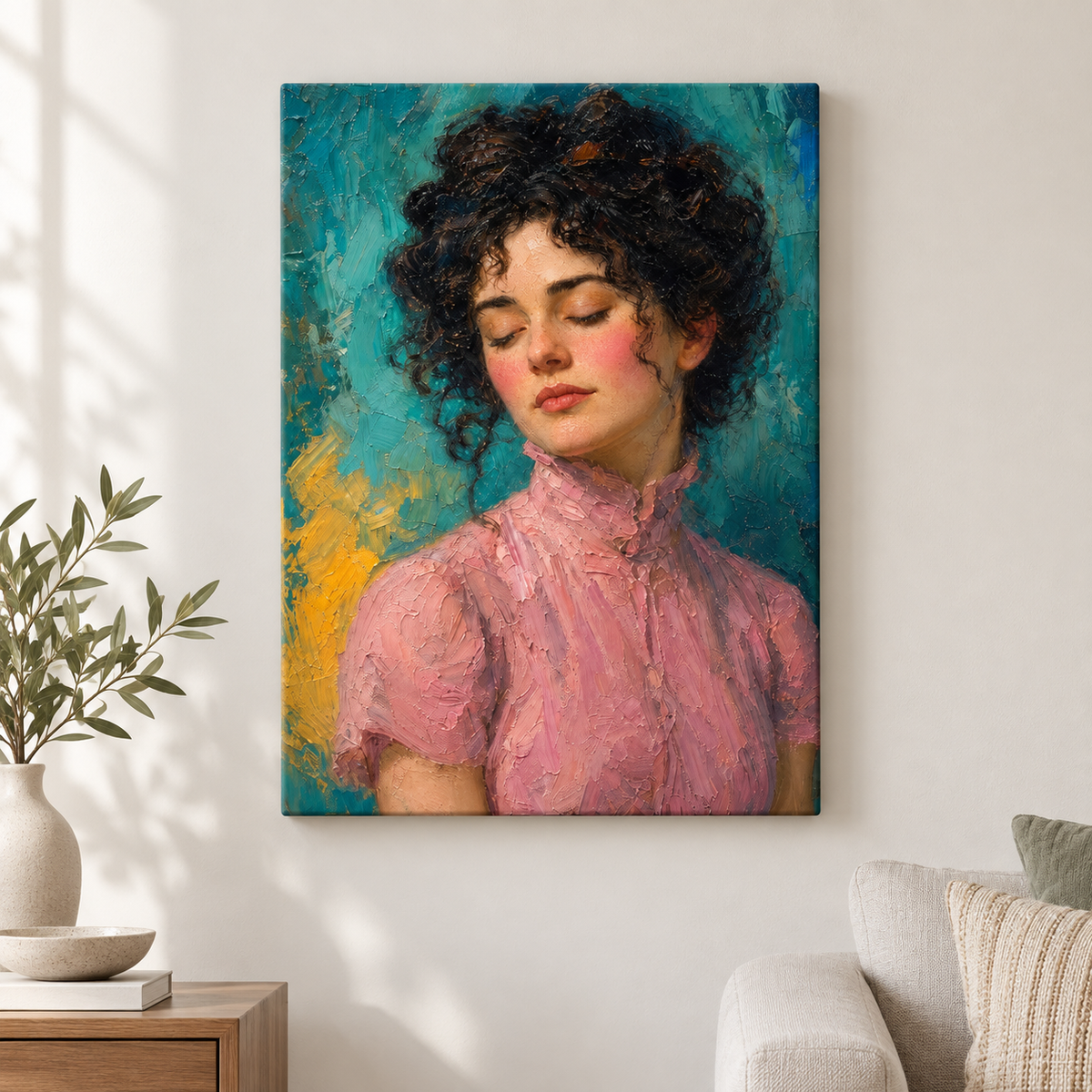 Serene Woman in Pink Dress Floater Frame Canvas Wall Art | frameless close wall hero