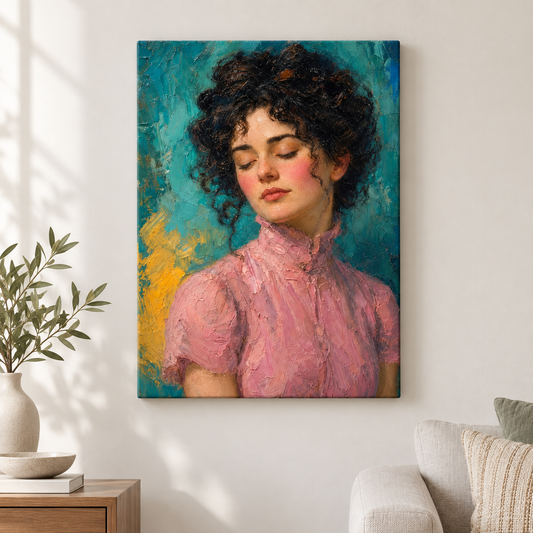 Serene Woman in Pink Dress Floater Frame Canvas Wall Art | frameless close wall hero