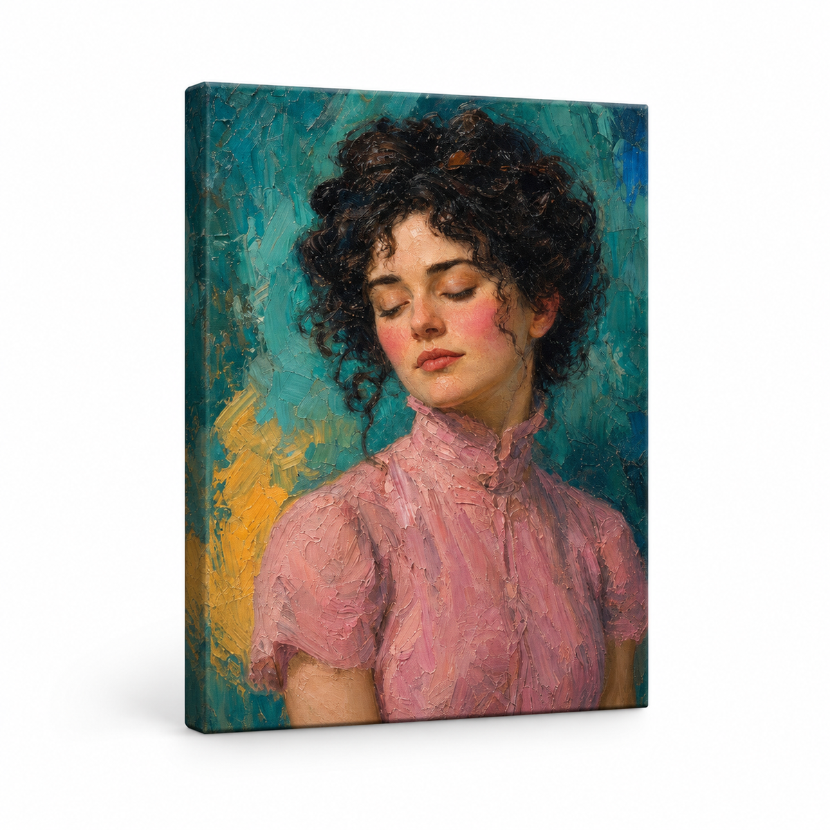 Serene Woman in Pink Dress Floater Frame Canvas Wall Art | frameless stretched canvas SKU