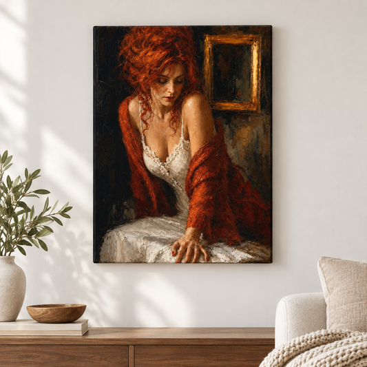 Thoughtful Redhead in Rust Cardigan Floater Frame Canvas Wall Art | frameless close wall hero