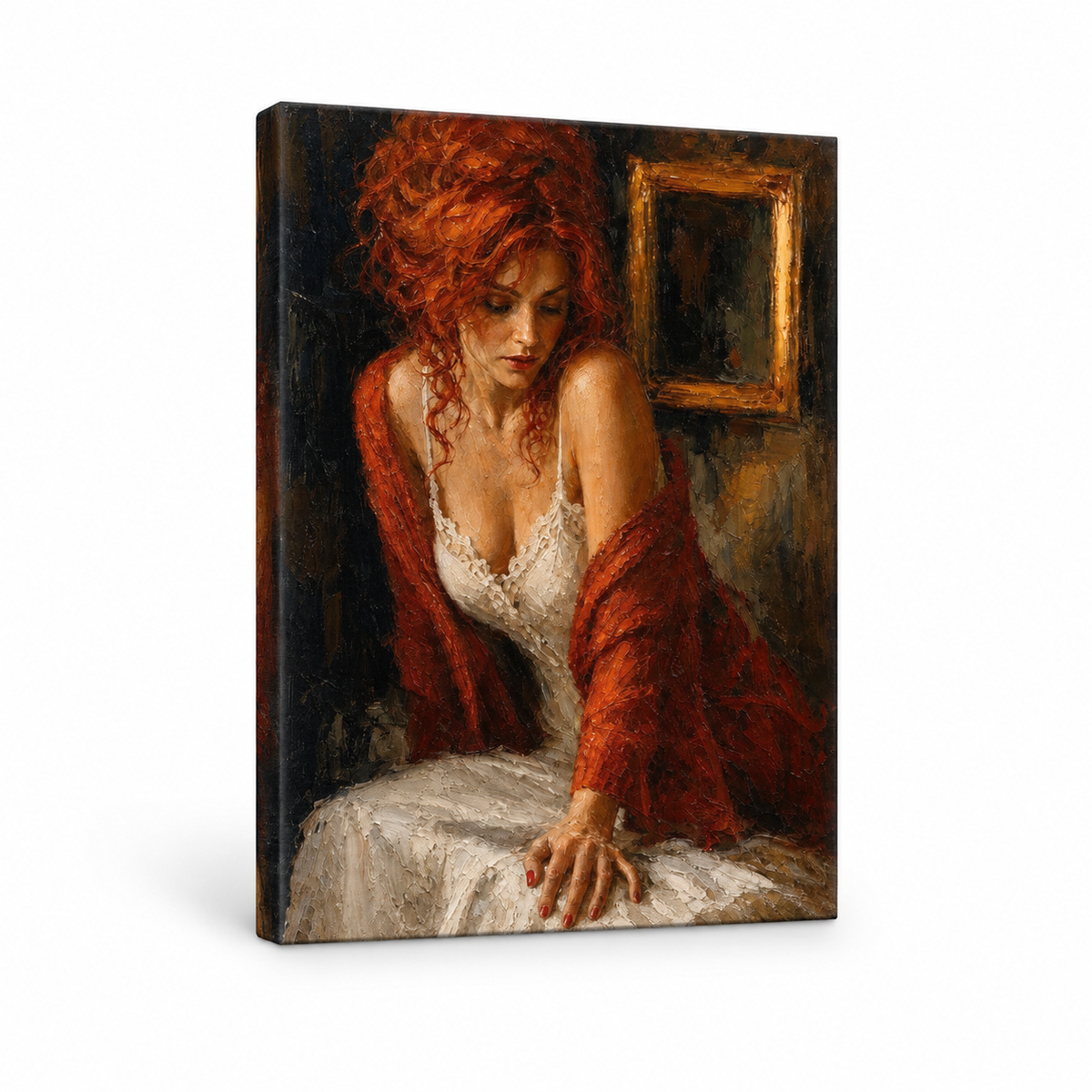 Thoughtful Redhead in Rust Cardigan Floater Frame Canvas Wall Art | frameless stretched canvas SKU