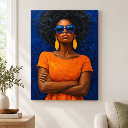 Confident Woman with Blue Sunglasses Floater Frame Canvas Wall Art | frameless close wall hero